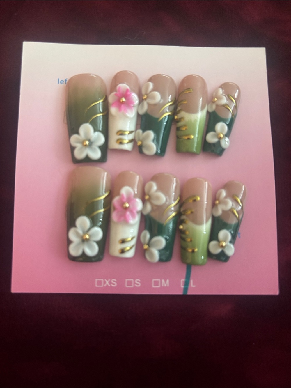 Floral 3D Press-On Nails in Green and Pink - Women Accessories